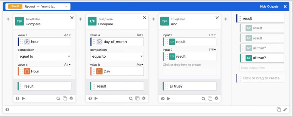 schedule_type=monthly_at_hour の実行条件判定（day_of_month一致とhour一致をCompareで判定し、ANDでまとめる）