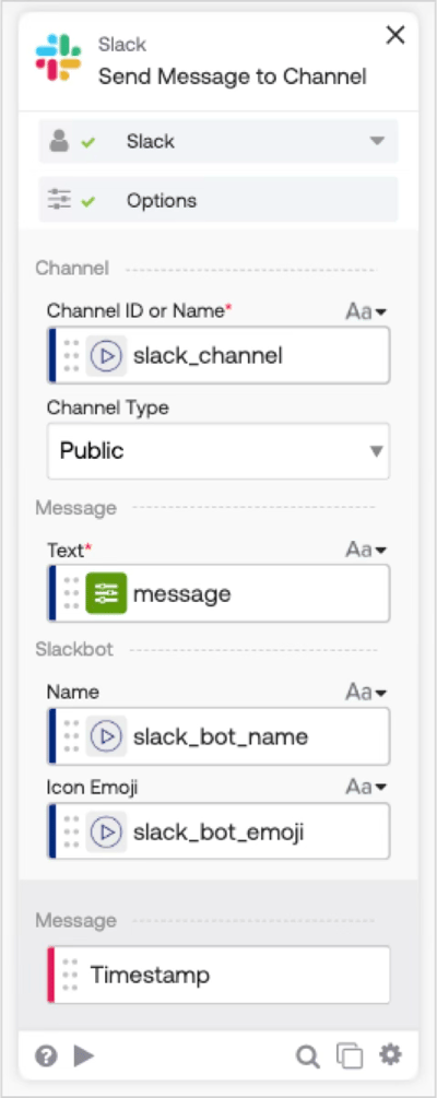Slackメッセージ送信カードの設定例（チャンネルID、Bot名・絵文字、送信メッセージをレコードから反映）