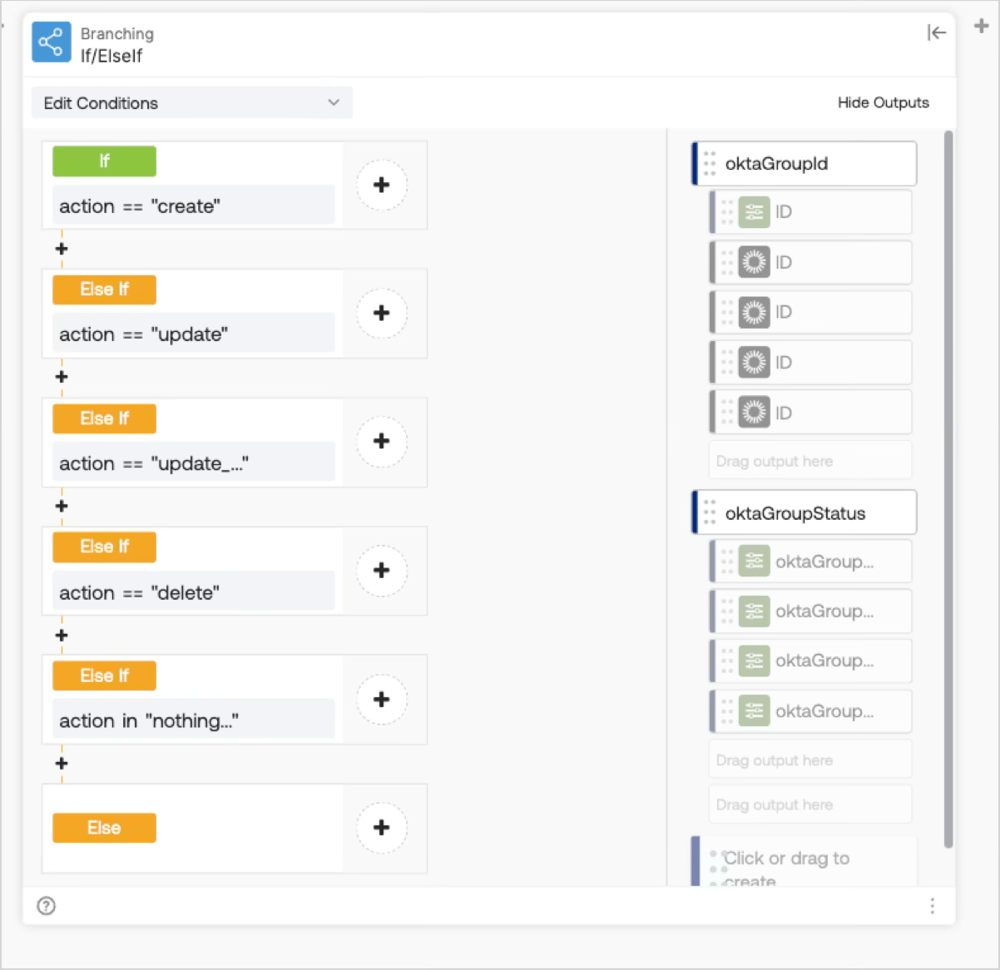 Oktaグループへのアクション（作成・削除など）を実行し、グループIDとステータスをアウトプットする処理ブロックのOkta Workflowsスクリーンショット