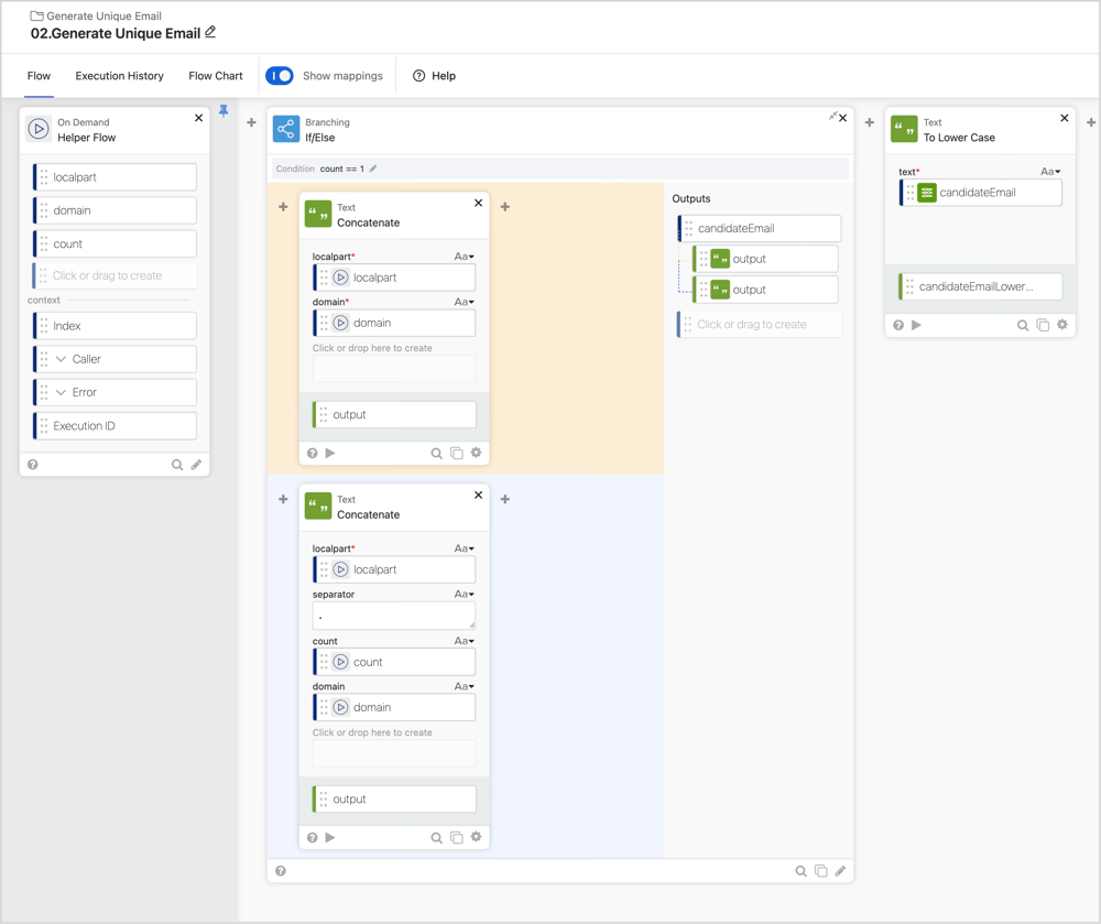 flow 02.Generate Unique Email の前半部分です。