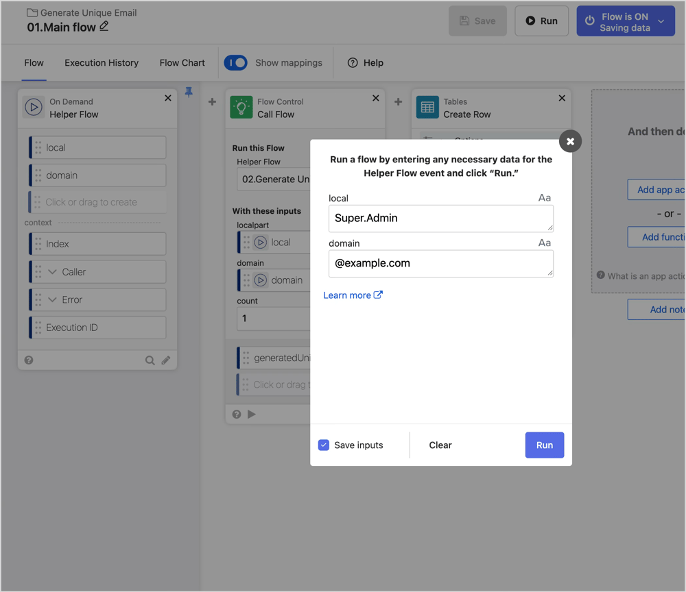 flow 01.Main flow を手動でRunしています。