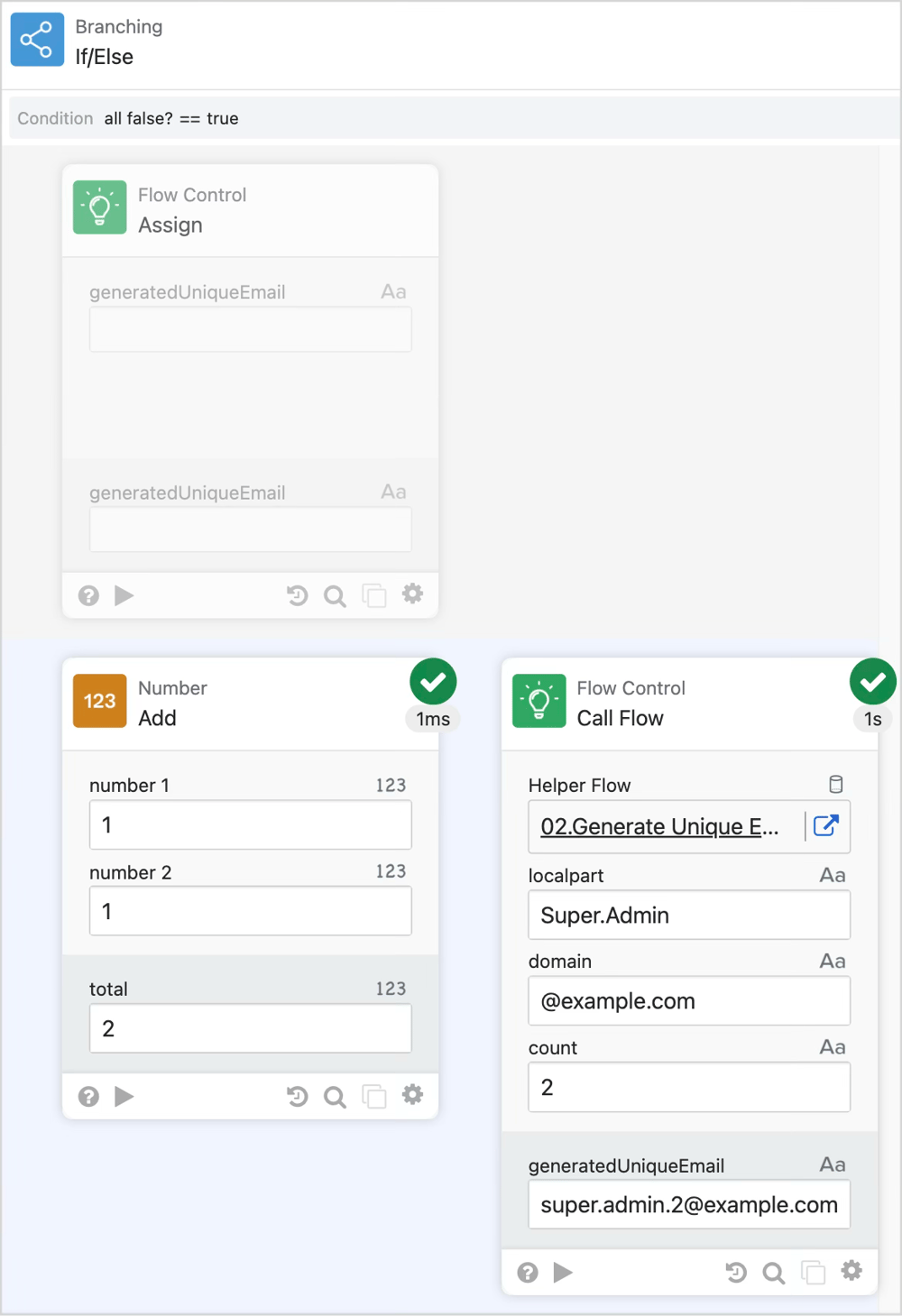 flow 02.Generate Unique Email の1回目のIf/Elseカードで再帰処理を実施している実行結果です。