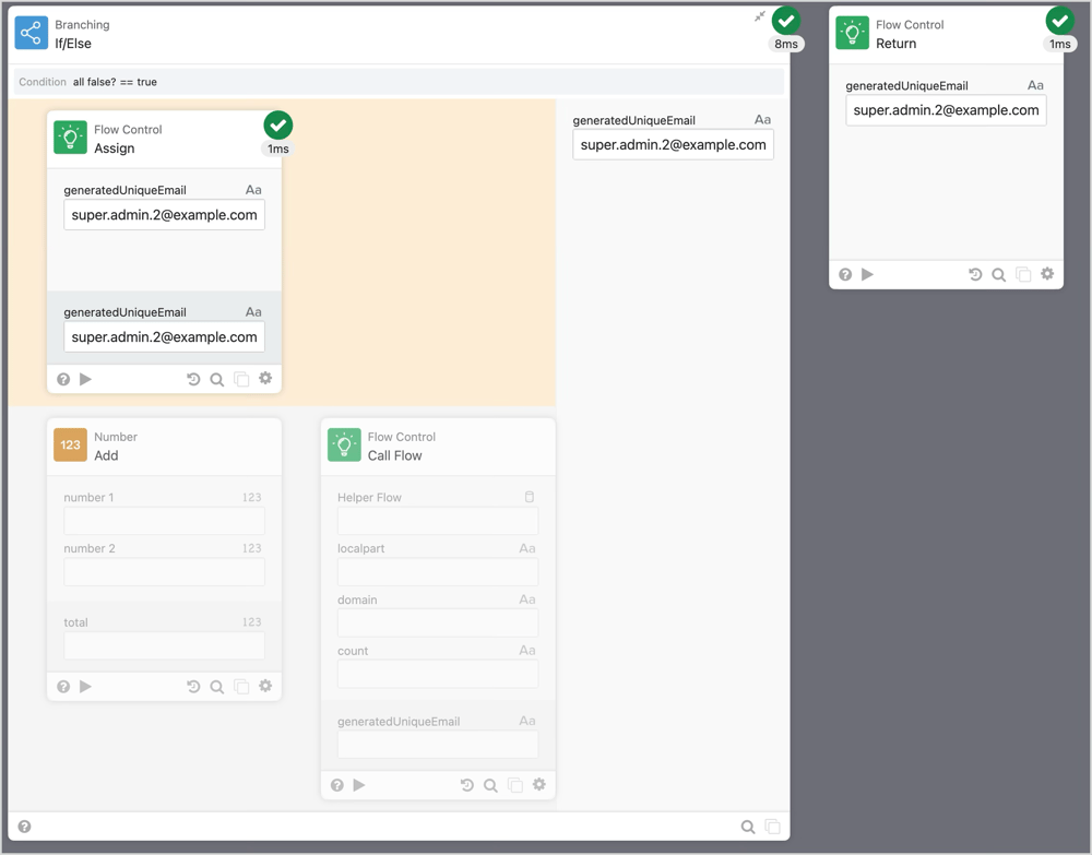 flow 02.Generate Unique Email の2回目のIf/Elseカードで再帰処理を実施せず値を戻してる実行結果です。
