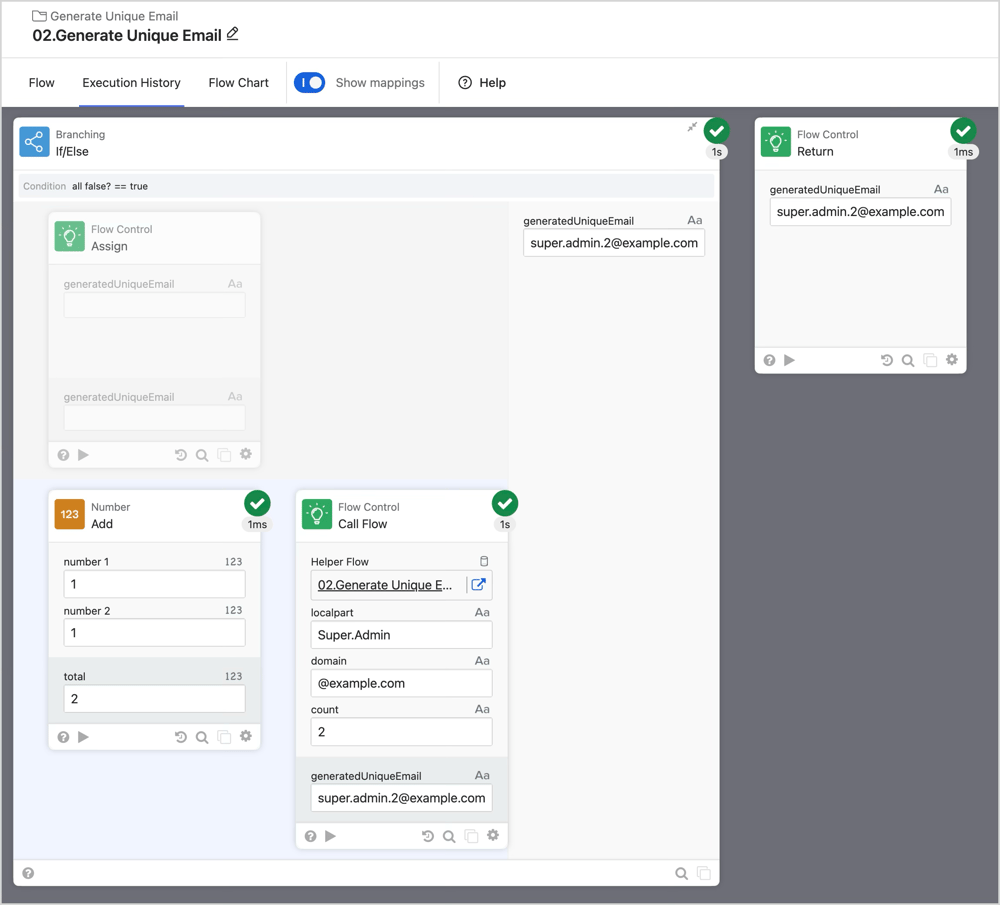flow 02.Generate Unique Email の1回目の再帰処理を結果を受け取って戻している実行結果です。