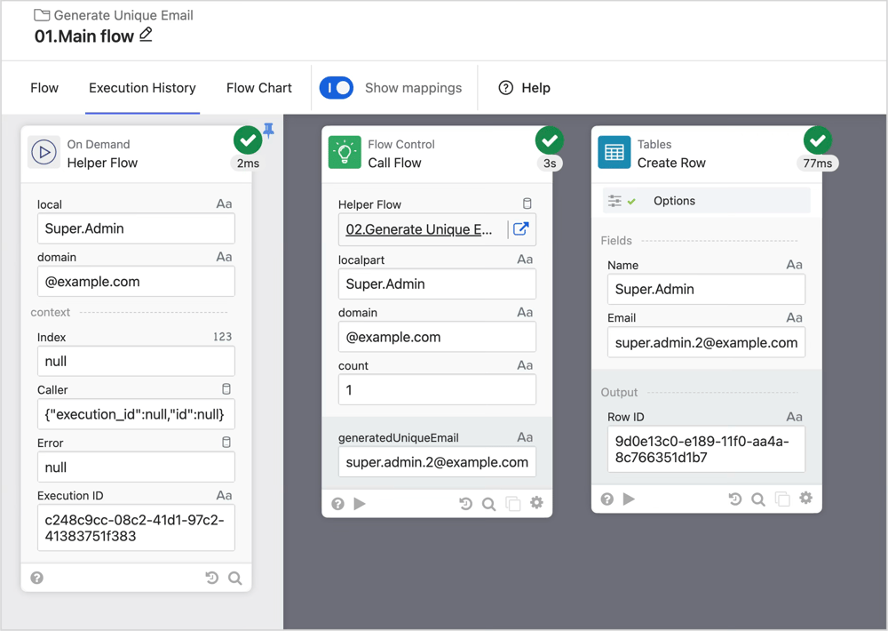 flow 01.Main flowの実行結果です。