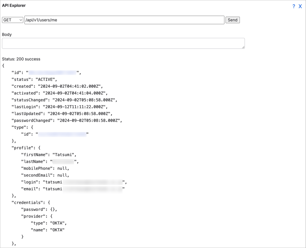 rockstarのAPI Explorerで GET /api/v1/users/meを実行した結果