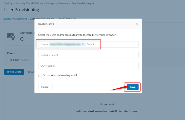 User Provisioning よりユーザ招待画面
