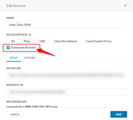 Netskope側の設定においてACCESS METHOD でEnterprise Browser のチェック